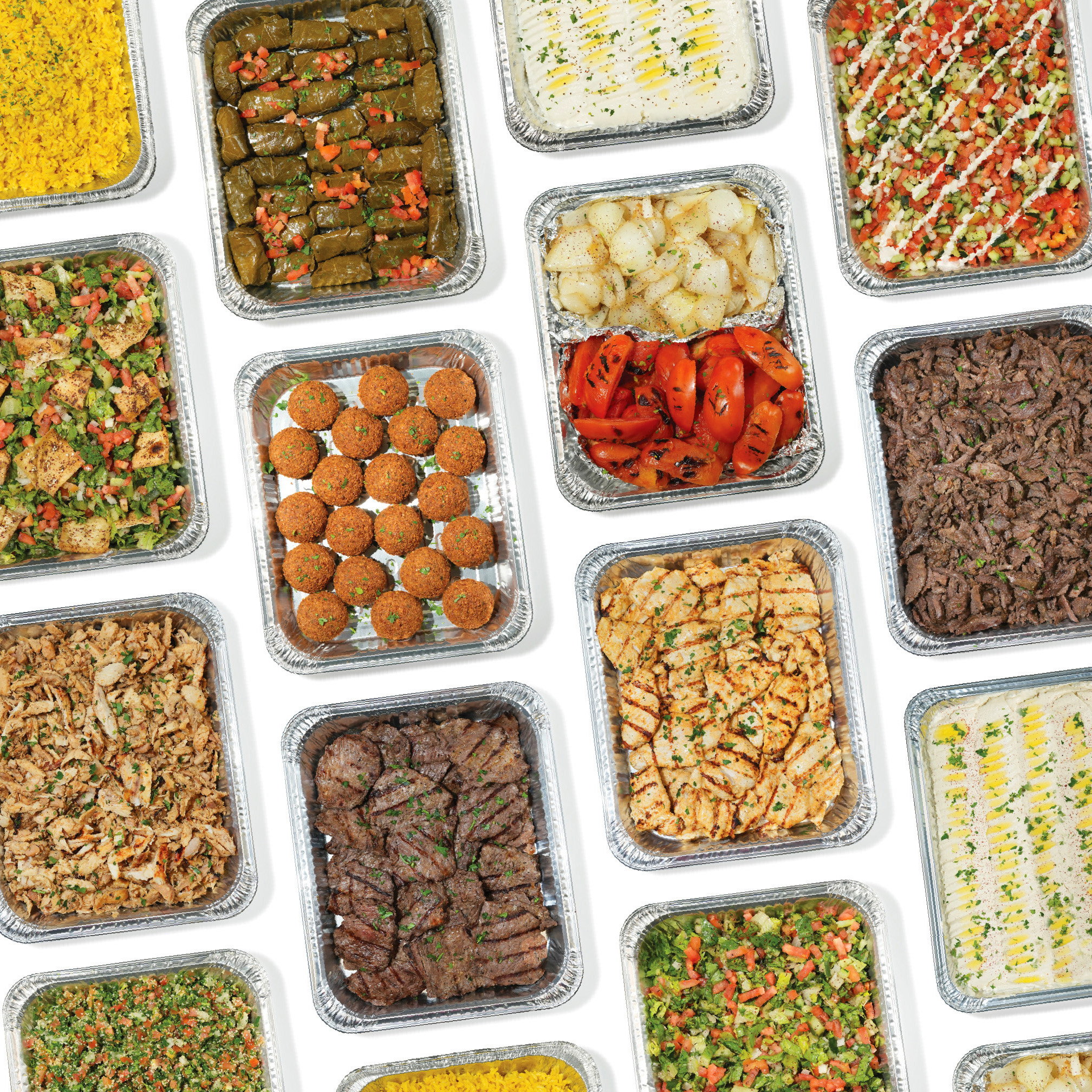 Mediterranean catering spread with meats, falafel, rice, salads and dips
